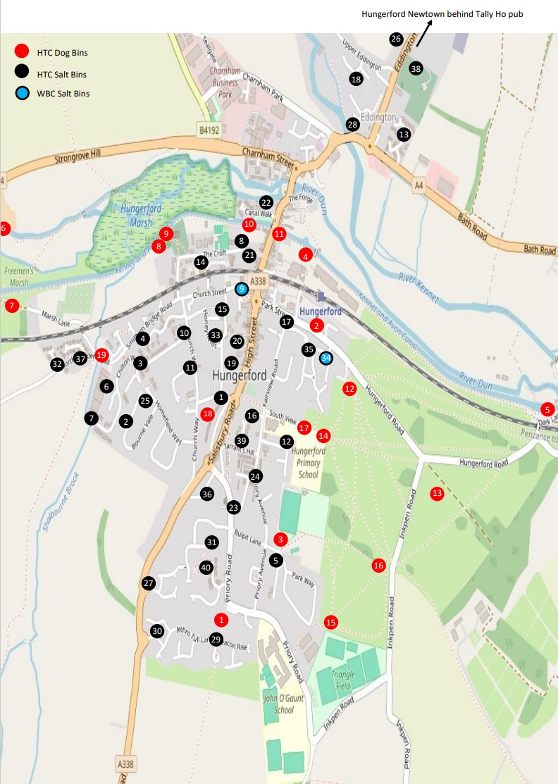 Attached is a list and map showing the location of dog waste bins in Hungerford
